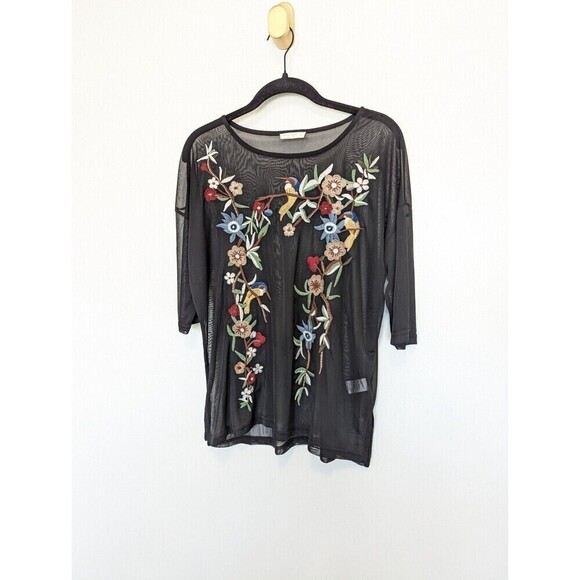 Miss Love Black Mesh Embroidered Bird Blouse Size Small - Picture 2 of 13